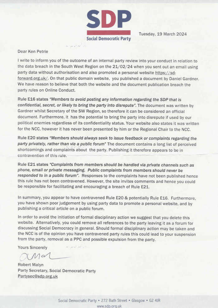 Letter from Rob Malyn demanding deletion of SD Forward website